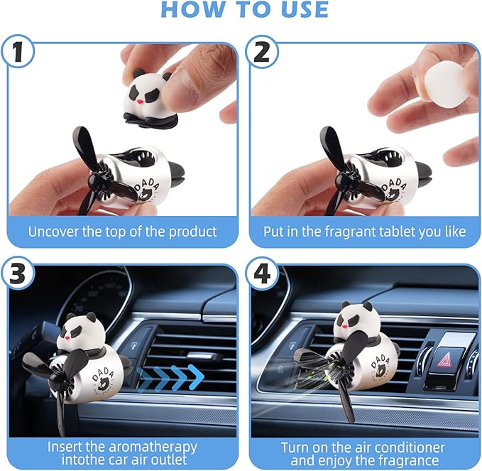 Car Air Freshener Cute Cartoon Panda Bear Pilot Car Diffuser Rotating Propeller Automotive Air Outlet Fan Creative Car Perfume Decoration Cool Car Accessories