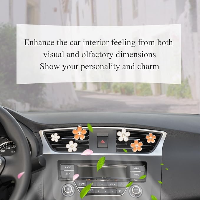 6pcs Daisy Flower Air Vent Clips Car Air Fresheners White Orange Cute Daisy Car Decor Girly Car Accessories for Women Sparkle 3.3cm/3cm/2.5cm Flower Car Vent Clips Refillable Car Diffuser