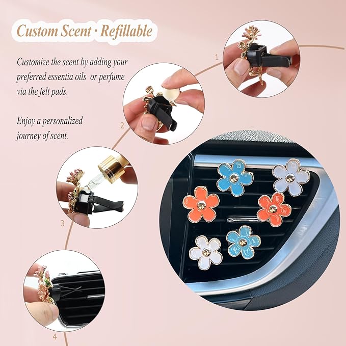 6pcs Flowers Car Air Freshener Vent Clips,Blue Orange White Daisy Air Vent Clip Car Accessories for Women,3.3cm/3cm Flowers Vehicle Decor Refillable Diffuser
