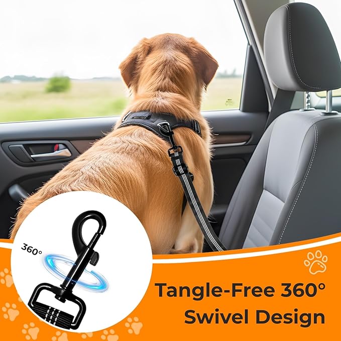 Dog Seat Belt for Car Headrest or Seatbelt Clip, Adjustable Reflective Dog Leash with Elastic Bungee Buffer, Nylon Safety Seatbelt Harness for Medium & Large Dogs (Black)
