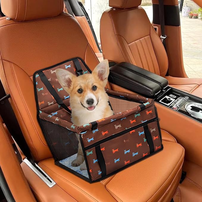 Dog Car Seat for Small Dogs Under 30 lbs - Easy to Clean, Dirt Resistant & Anti-Scratch Durable with Storage Pockets, Compatible with Dog seat Belt, Cold Pat Optional(Coffee+pat)