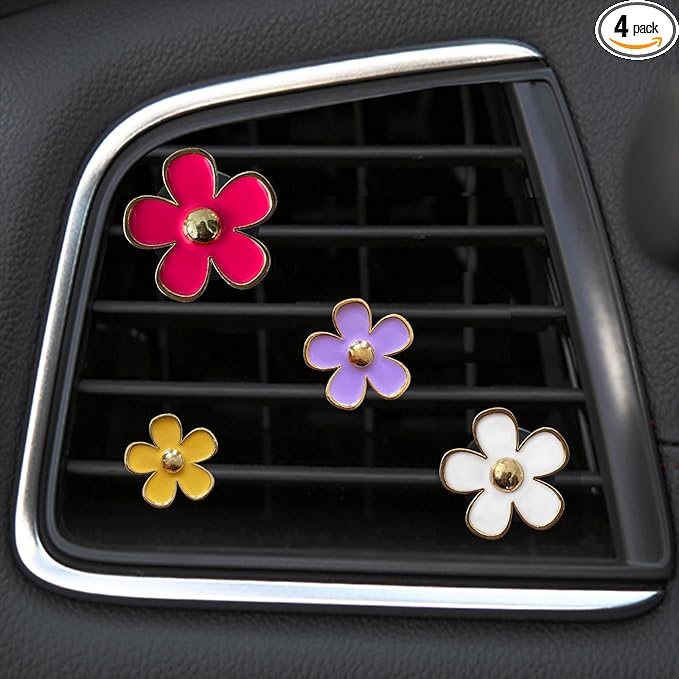 4 Pcs Metal Daisy Air Vent Clips Flower Car Air Freshener Clip Air Conditioning Outlet Clip Bling Charm Car Inter Decor Accessories for Girls Women