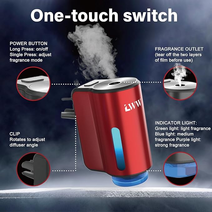Car Air Freshener - Smart Adjustable 3-Speed Intensity, Rechargeable Humidifier Car Essential Oil Diffuser - Comes with 8 Bottles of 10ml Perfume (Red)