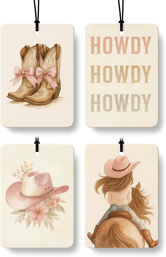 Preppy Western Car Air Freshener 4 Pcs Coconut Scented, Pink Bow Cowgirls Boots Hat Car Accessories Mirror Decor for Women, Western Hanging Air Freshener for Cars Closet Drawer Books