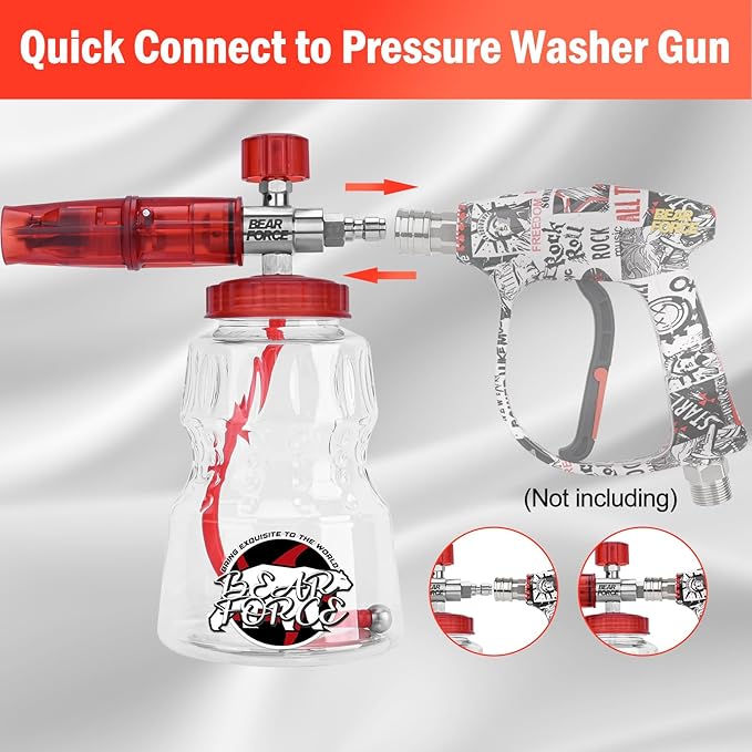BEAR FORCE Pressure Washer Stainless Steel Foam Cannon Foam Generator with 1/4” Quick Connector & 1.25mm & 1.10mm Orifice Nozzle, 360° Adjustable Thicker Snow Foam with 32 oz Soap Car Wash