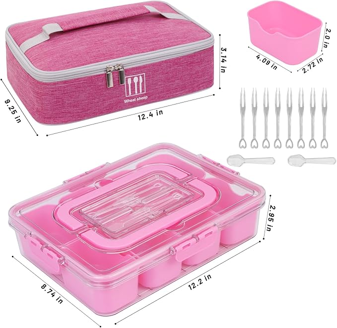 Snack Box Container with Insulated Cooler Bag, Divided Serving Tray with Lid and Handle Beach Essentials, Snackle Box Veggie Fruit Tray with 8 Compartments & 8 Forks & 2 Spoon Pink