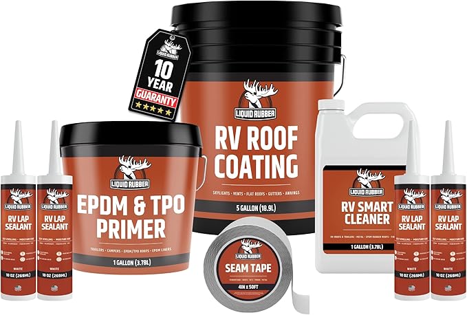 Liquid Rubber RV Roof Coating 30 Ft Leak Repair Kit – Solar Reflective, Waterproof & Weatherproof Protection – Complete System with Sealer, EPDM Primer, Cleaner, Seam Tape & Lap Sealant