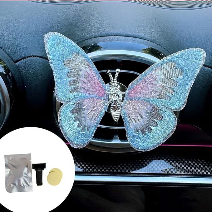 2 Pcs Embroidery Fragrance Butterfly Decoration, Butterfly Car Vent Clips, Embroidery Fragrance Butterfly Car Air Freshener Clip Charm Car Inter Decor Cute Car Accessories for Women Girls-Blue