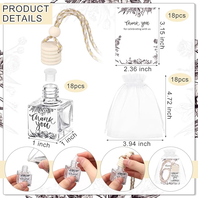 18 Set Employee Appreciation Gifts Bulk Hanging Car Air Freshener Diffuser Car Empty Glass Essential Oil Diffuser Thank You Inspirational Gifts for Coworker Teacher(Flower Thank You)
