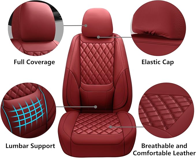 Car Seat Covers Full Set,Universal Fit for Cars,SUVs,Trucks,and Sedans with 5 Seats,Faux Leather Car Seat Cushion Compatible with Airbags,Waterproof Car Seat Protector,Wine Red