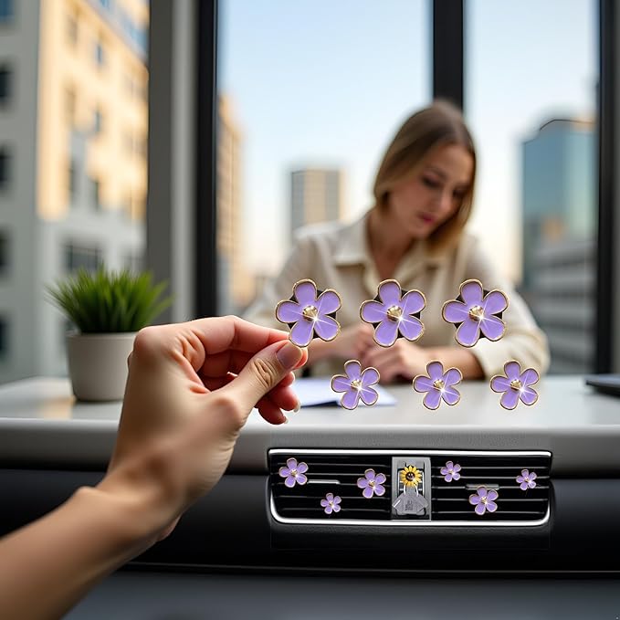 6 Pcs Daisy Air Vent Clips, Cute Flower Air Conditioning Outlet Clip Car Air Fresheners Vent Clips Car Interior Decor Charm Decoration Cute Accessories for Women Girls + Mask Hook(Purple)