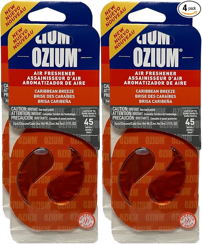 Ozium Paper Membrane Hanging Car Air Freshener - Automotive Air Fresheners and Odor Eliminator for Car (Caribbean Breeze, 4 Packs)