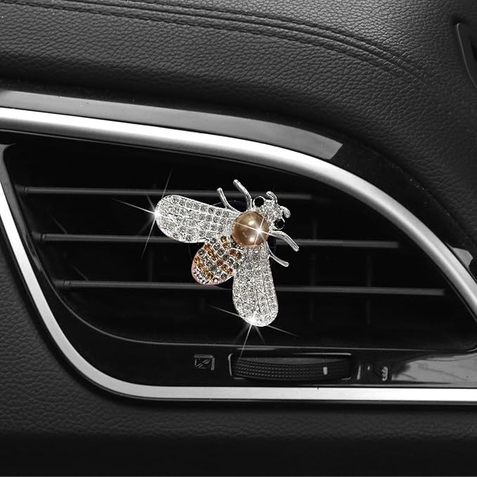 White Silver Bee Car Air Vent Clips,Bling Rhinestone Car Air Fresheners Vent Clip,Cute Aromatherapy Diffuser Car Vent Clip Interior Decoration Charm Accessories for Girl Women