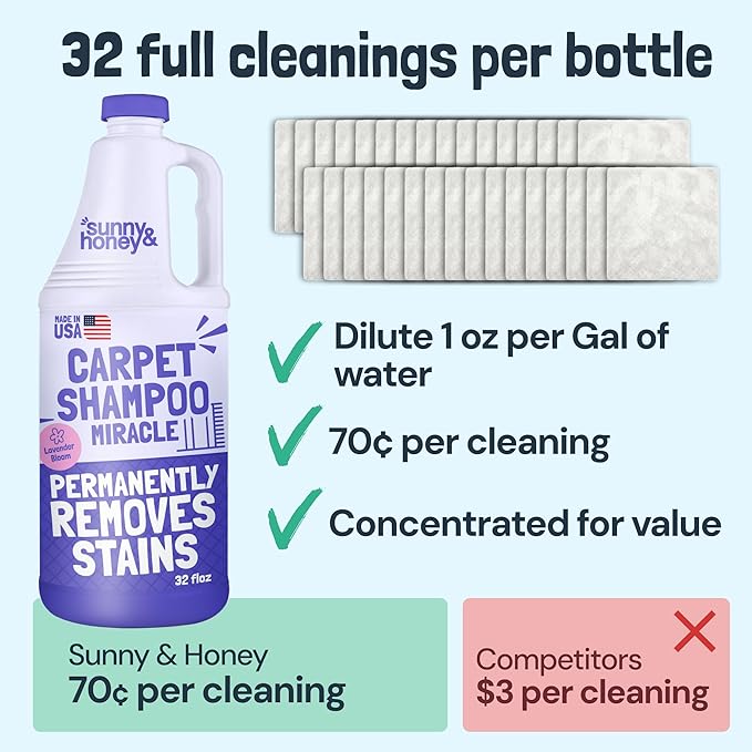 Sunny & Honey Carpet Cleaner Solution - Deep Stain Remover & Odor Deodorizer - Pet Carpet Cleaner & Rug Shampoo (32 Fl Oz, Light Lavender)