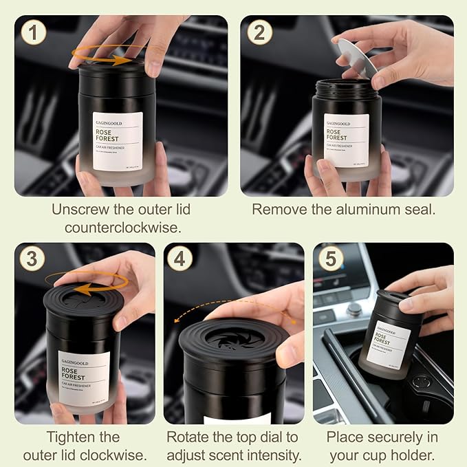 Car Air Freshener, Sandalwood Rose Scent Diffuser with Rotating Cap for Adjustable Fragrance Intensity, Gel Odor Eliminator for Home Car Bathroom, Every 6.4 oz Lasts 90 Days, 2 Pack, Black
