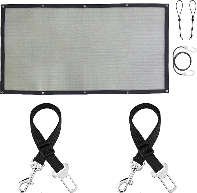 SunGrow  Dog Seat Belts with Barrier, 2 Adjustable 28" Nylon Belts, 24" x 45" Micro Mesh Net Divider for Cars, SUVs, and Trucks, 4 Hooks and Luggage Ropes for Assembly, Black, 1 Set per Pack