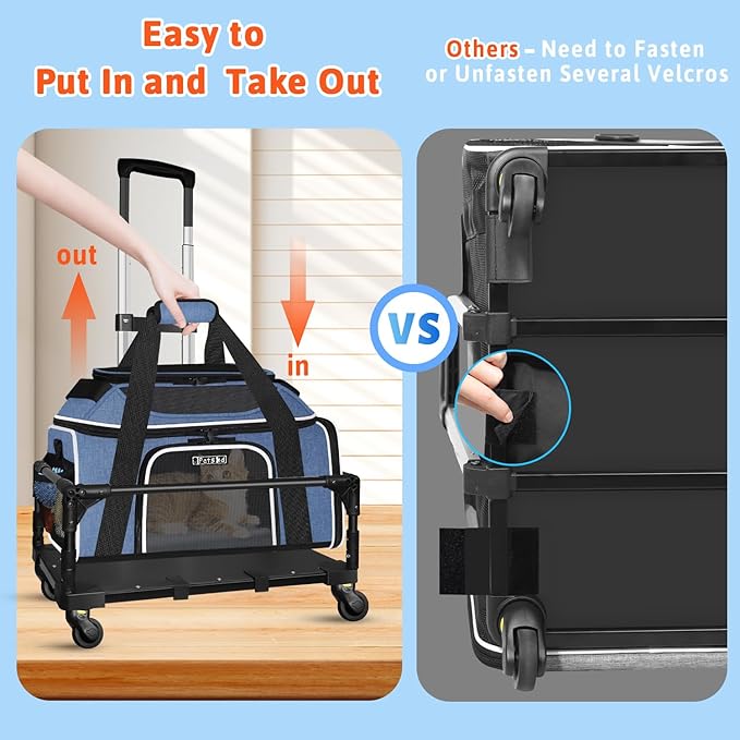 Petskd Top and Side Expandable Pet Carrier with Wheels 17x11x9.5 Inches Alaska Airline Approved, Soft-Sided Carrier for Small Cats and Dogs with Locking Safety Zippers and Anti-Scratch Mesh(Blue)