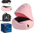 Travel Pillow - Hooded Neck Pillow Airplane Memory Foam Filling for Plane, Office, Cars Sleeping, Road Trip, Long Flights, Portable Plane Accessories, Includes Eye Mask & Earplugs (Pink)