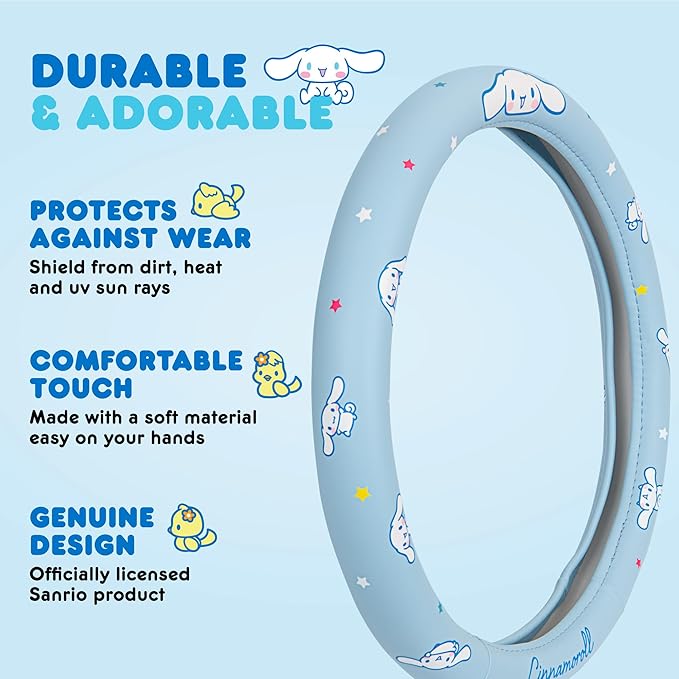 Sanrio Cinnamoroll Car Trunk Organizer & Steering Wheel Cover Set – Cute, Non-Slip, Soft Grip Car Accessories for Women – Collapsible Storage Bin for Groceries, Tools & Travel – 12.5"L x 12.5"W x 9"H