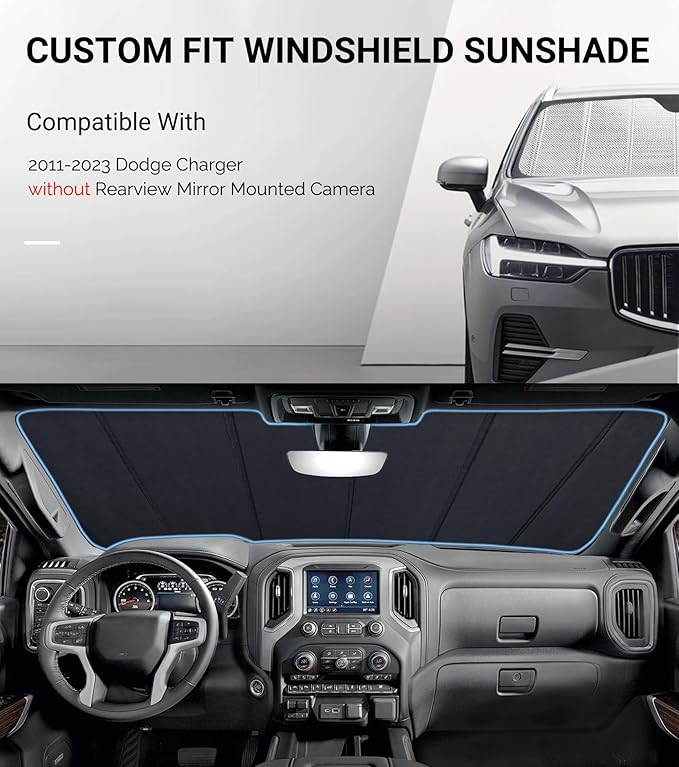 Windshield Sun Shade for Dodge Charger 2011-2023 Without Rearview Mirror Mounted Camera. Reflective Aluminum Film Front Window Sunshade B