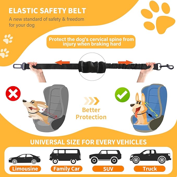 Dog Seat Belt Retractable Dog Car Harness 1 Pack Adjustable Elastic Bungee Buffer Heavy Duty & Durable & 360 Degree Swivel.