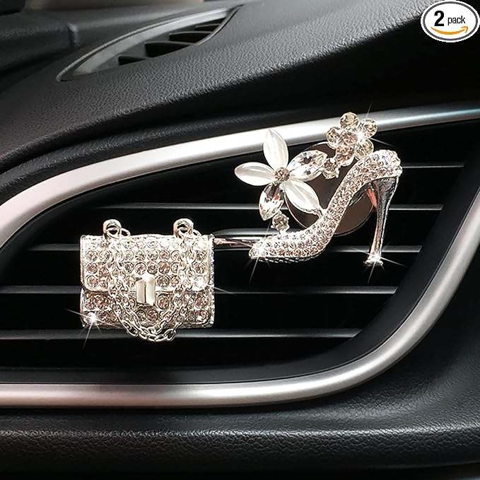 2 Pieces Crystal High Heel Shoe and Bag Air Vent Clips Rhinestone Car Air Freshener Clip Bling Car Clip Gift Decorations Charm Car Inter Air Vent Decor Accessories for Girls Women