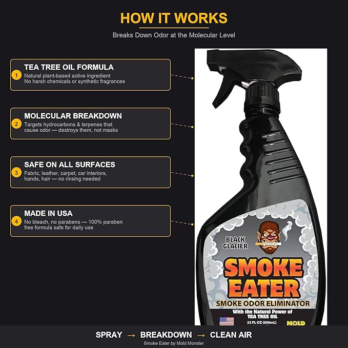 Smoke Eater Odor Eliminator Spray, Black Glacier, 22 oz — Breaks Down Smoke Odor at the Molecular Level — Works on Fabric, Cars, Furniture — Made in USA