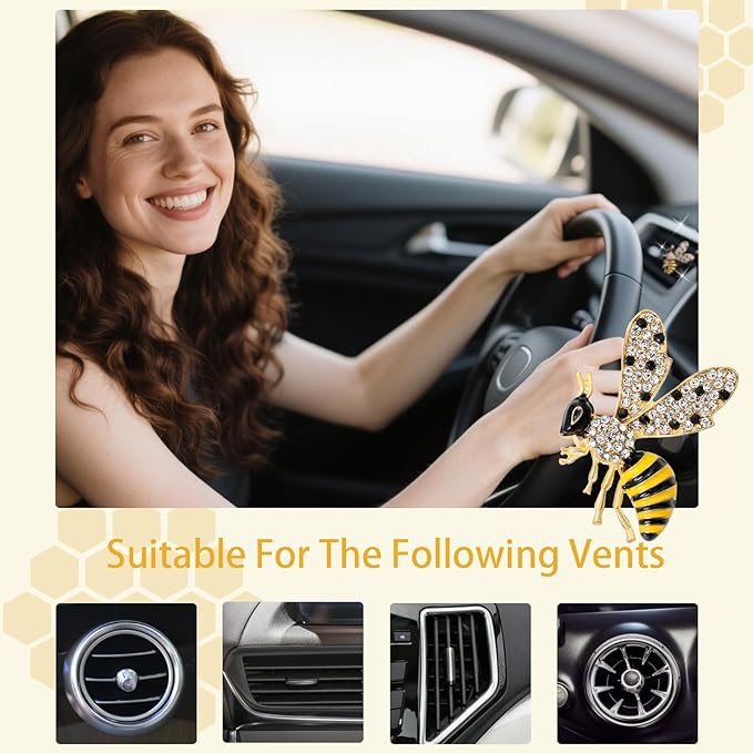 Bee Car Decor,2pcs Cute Bumblebee Car Air Freshener Vent Clips,Bling Yellow Bee Alloy Vent Clips Dashboard Accessories with Rhinestones,Refillable Diffusers