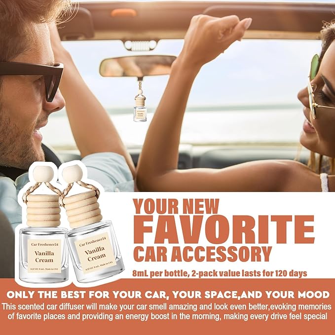 C Classy Car Air Freshener Hanging 2 Pack, Vanilla Cream Essential Oil Diffuser for Cars, Long-Lasting Fragrance, Cute Glass Bottle Car Accessories for Women & Men Gift, Made in USA