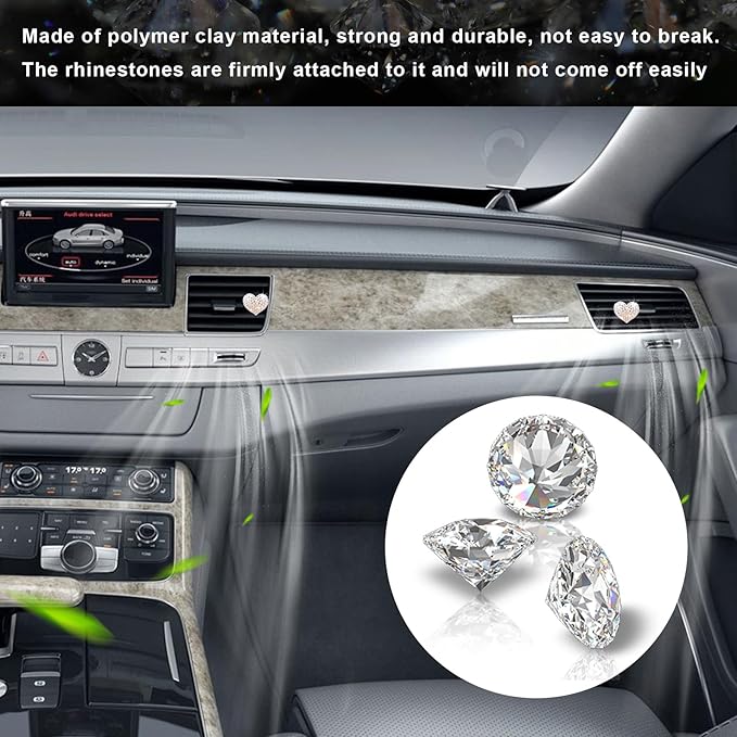 Ziciner 2PCS Bling Heart Car Air Vent Clips Charms, Heart Shaped Crystal Car Air Freshener Vent Clips, Rhinestone Air Conditioning Outlet Clip, Vehicle Decor Accessories for Women Girls (White)