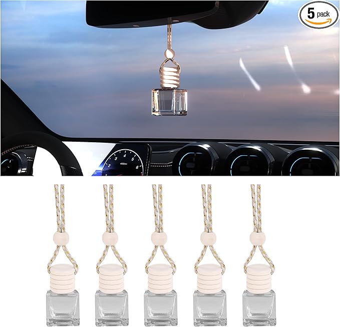 5PCS Hanging Car Air Freshener, Auto Interior Decoration 8 ml Oil Diffuser Perfume Aromatherapy Pendant Empty Glass Bottle, Fragrance Ornament with Vent Clip Wooden Cap and Rope (Square)