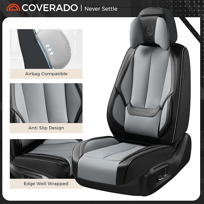 Coverado Seat Covers Full Set, 5 Seats Seat Covers for Cars, Waterproof Nappa Leather Car Seat Covers with Head Pillow, Seat Protectors Car Seat Cushion Universal Fit for Most Cars (Black&Gray)