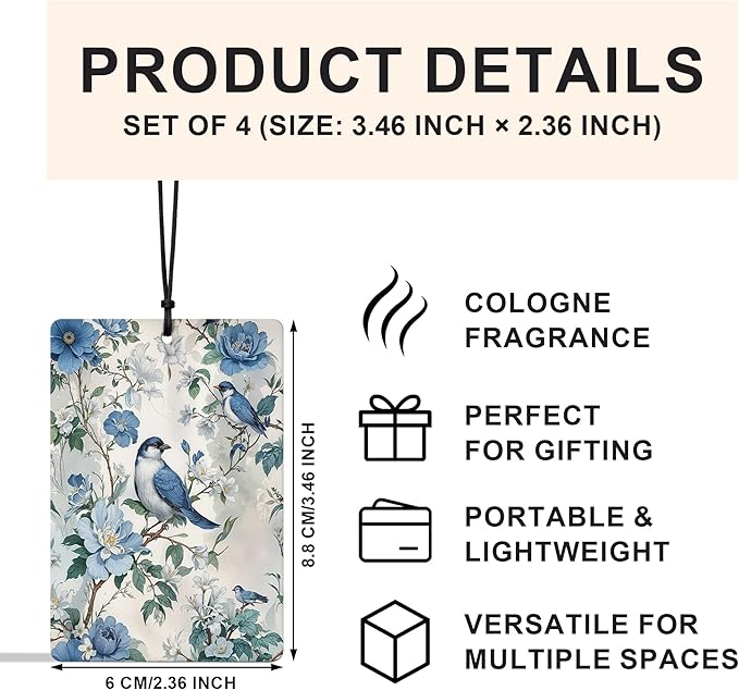 Vintage Blue Chinoiserie Floral Bird Car Air Freshener 4 Pcs, Retro Cottagecore Flower Botanical Air Freshener Hanging for Cars Books Closet Drawer, Retro Blue Car Accessories for Women