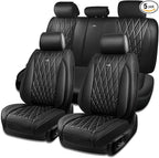 CAR PASS Leather Seat Covers Full Set, Luxury Seat Protector for Cars, Waterproof PU 5-Seat Car Seat Covers Universal for SUV Sedan Truck, Airbag Compatible & Anti-Slip, Solid Black