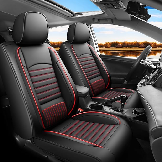 Fit RAV4 Car Seat Covers (Only Front 2 Seats) Compatible with Toyota RAV4 2013-2018 - Full Coverage Breathable Leather, Airbag Compatible, Waterproof & All-Weather, Easy to Install, Black+Red