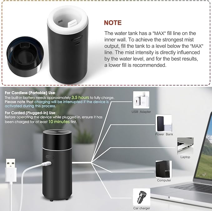 HODEMI Portable Smart Car Essential Oil Diffuser,Cordless Mini Cold Mist Aromatherapy Air Freshener Diffuser with Mode Memory,Auto On/Off,4/8 Timer Modes,for Bedroom Office and Travel (Black)