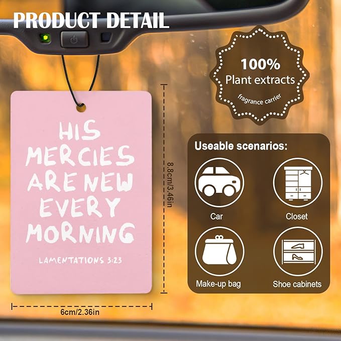 Pink Jesus Christian Car Air Freshener 4 Pcs, His Mercies Are New Every Morning Bible Verse Hanging Air Freshener for Cars Closet Drawer Books, Christian Car Accessories for Women Girls