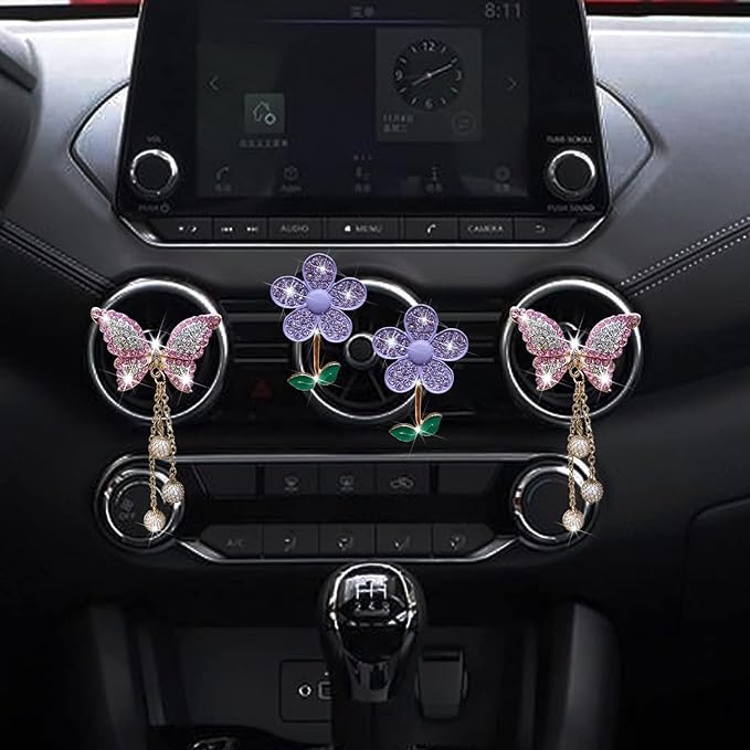Bling Butterfly Daisy Air Vent Clips, 4 Pcs Butterfly Flower Car Air Fresheners, Cute Car Interior Decor