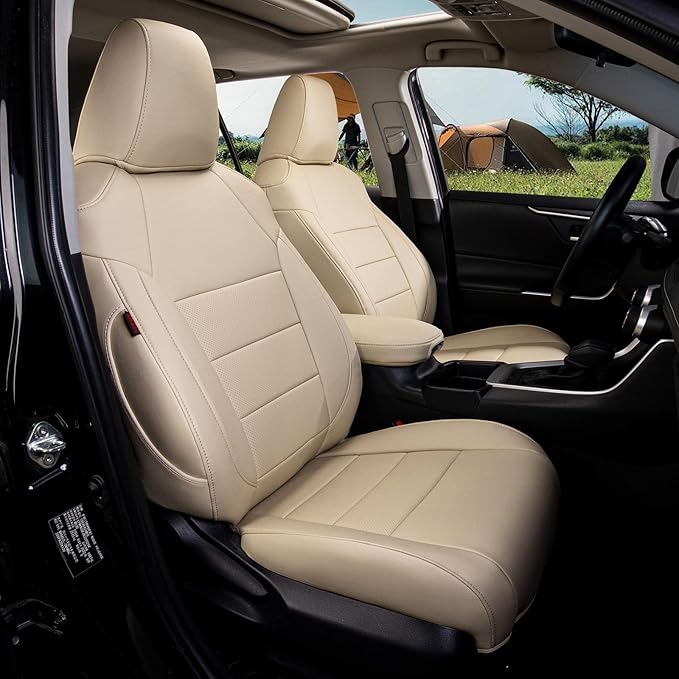 coverdream Rav4 Seat Covers Custom Fit for 2019-2025 Toyota Rav4 Hybrid(LE,XLE,XLE Premium,Limited) SUV,Fully Covered,Luxury Waterproof Leather Car Seat Protector(Full Set,Beige)