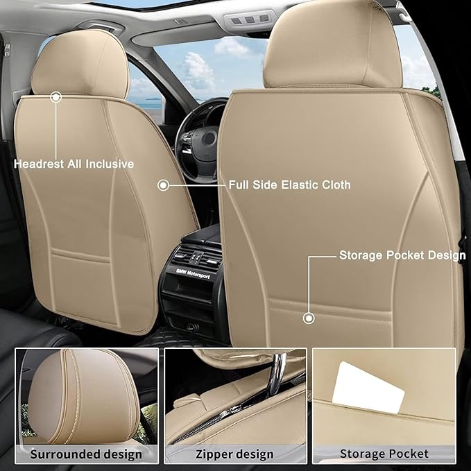 AOMSAZTO Car Seat Covers Full Set Custom Fit for Subaru Legacy 1995-2024 2025 2026 Leather Car Seat Cover Seat Cushion Protector Airbag Compatible Waterproof Beige