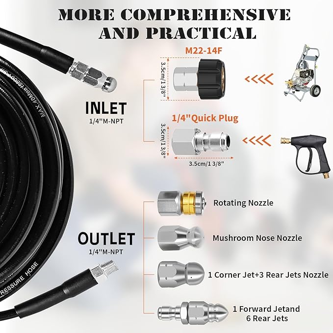 50FT Sewer Jetter Kit for Pressure Washer, 5800PSI Drain Cleaner Hose 1/4 Inch NPT Corner, Rotating and Button Nose Sewer Jetting Nozzles, Waterproof Tape and 2 Spanners (Black)