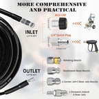 50FT Sewer Jetter Kit for Pressure Washer, 5800PSI Drain Cleaner Hose 1/4 Inch NPT Corner, Rotating and Button Nose Sewer Jetting Nozzles, Waterproof Tape and 2 Spanners (Black)
