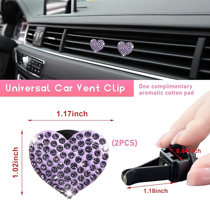 Ziciner 2PCS Bling Heart Car Air Vent Clips Charms, Heart Shaped Crystal Car Air Freshener Vent Clips, Rhinestone Air Conditioning Outlet Clip, Vehicle Decor Accessories for Women Girls (Purple)