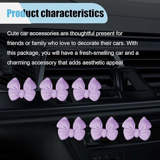 6PCS Bow Car Air Freshener Clips, Cute Air Conditioning Vent Clip, Aesthetic Car Interior Decoration Accessories, Automotive Dashboard Air Vent Trim Clip for Women Girl (Purple)