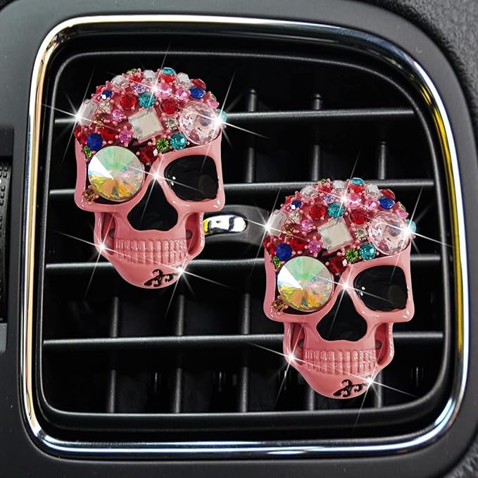 Pink Skull Air Vent Clips, 2 Pcs Bling Skeleton Car Air Fresheners Vents Clips Funny Car Diffuser Diamond Car Interior Decor Cute Car Accessories Car Decoration for Women +Sunflower Mask Hook