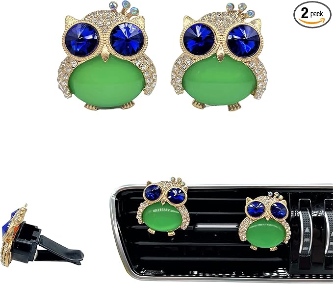 2pcs Cute Cartoon Owls Car Air Freshener Vent Clips, Green Owls Bling Car Accessories, Lavender Scent