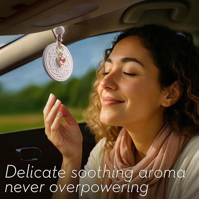 Luxury Car Air Freshener for Women - Refillable & Portable Essential Oil Fragrance Diffuser - Cute Car Accessories & Interior Decor - Mirror Hanging or Vent Clips - Pink Heart Charm, Rose Scent