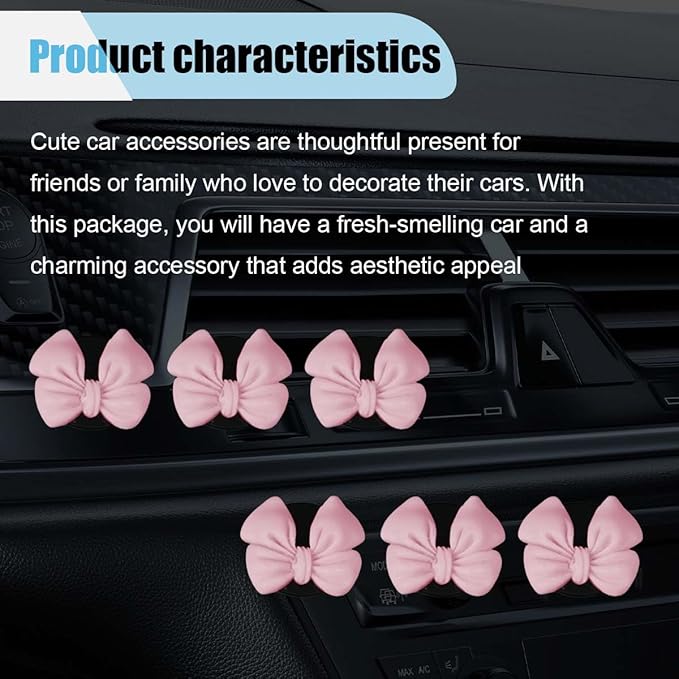 6PCS Bow Car Air Freshener Clips, Cute Air Conditioning Vent Clip, Aesthetic Car Interior Decoration Accessories, Automotive Dashboard Air Vent Trim Clip for Women Girl (Pink)