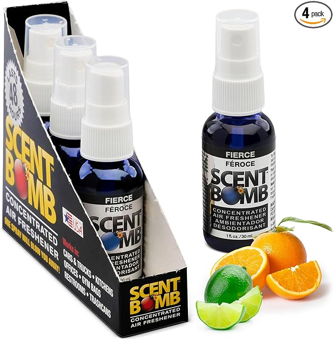 Scent Bomb Air Freshener Spray, Long-Lasting Odor Eliminator - Effective Deodorizer for Home & Car, Fresh Room Spray for Kitchen, Bathroom & Smell Neutralizer - 1 oz Pack of 4, Fierce Scent