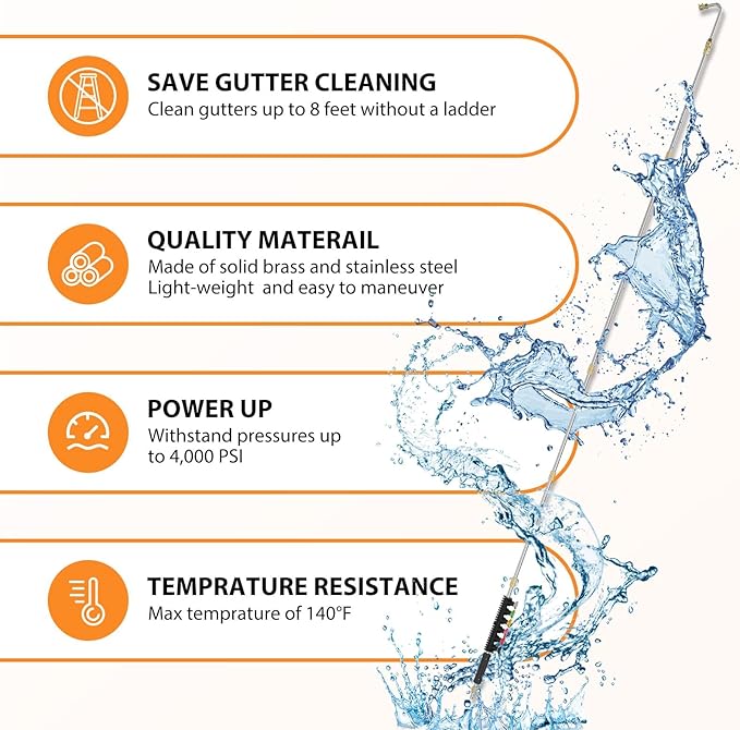 Sealegend 8FT Pressure Washer Extension Wand for Gutter Cleaning, Upgrade Power Washer Accessories with 6 Spray Nozzle Tips, 3 Gutter Cleaner Attachments Curved Rod, 1/4" Quick Connect, 4000 PSI